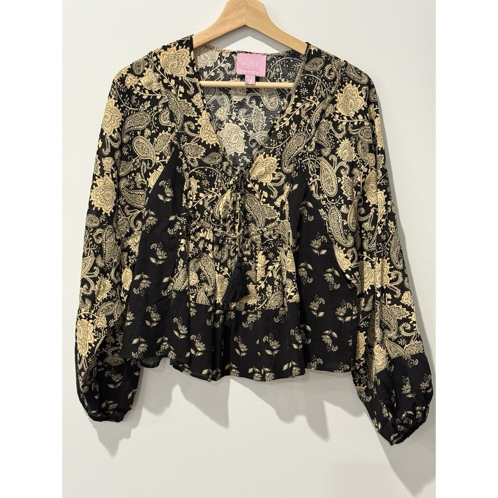 Muse Republic Paisley Boho Hippie Balloon Sleeve Lace Up‎ Top XS Tasssled Hippie